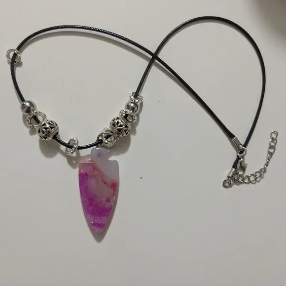 Handmade White & Pink Druzy Arrowhead Silver Beaded Necklace - Picture 3 of 14
